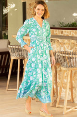 Billie Organic Cotton Block Print Dress | Lotus Green/Blue