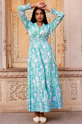 Billie Organic Cotton Block Print Dress | Lotus Green/Blue