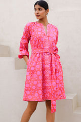 Cara Organic Cotton Block Print Short Dress | Mara Red/Pink