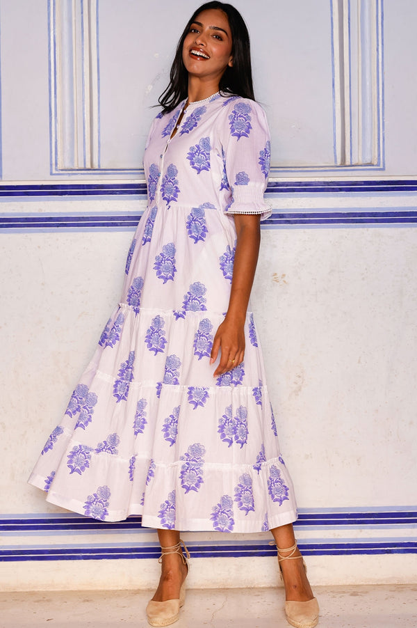 cotton block print dresses Handblock Print Cotton Maxi Dress, Bohemian Sleeveless Tiered Gown