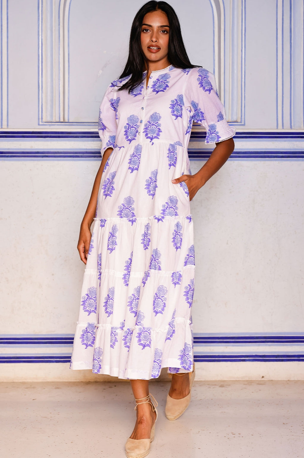 Cordelia Organic Cotton Block Print Dress Pansy Buta White Blue