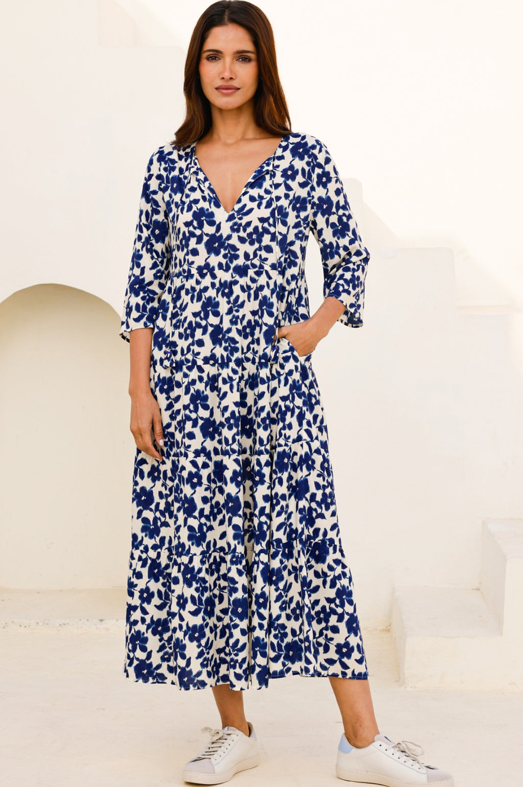 Emma EcoVero™ Midi Dress Blossom Cream Navy