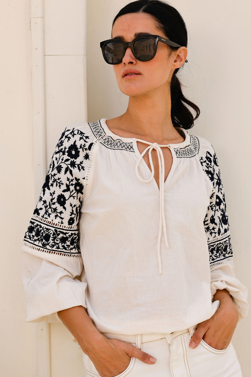 Ida Embroidered Cotton Top Ecru Navy