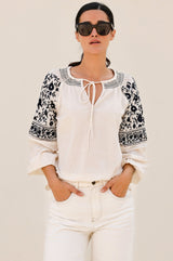 Ida Embroidered Top | Ecru/Navy Black