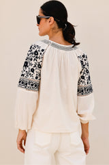 Ida Embroidered Top | Ecru/Navy Black