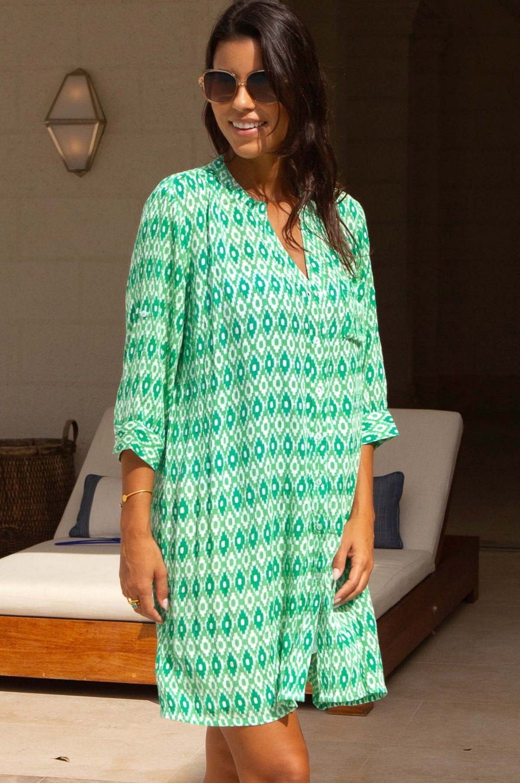 Aspiga Ladies Sustainable Mila Shirt Tunic Dress Viscose Aztec Pattern Summer Holiday Beach Cover Up Green White Aspiga Ladies Sustainable Mila Shirt Tunic Dress Viscose Aztec Pattern Summer Holiday Beach Cover Up Green White