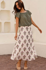 Neve Organic Cotton Block Print Skirt | Antique Wildflower Cream/Red/Green