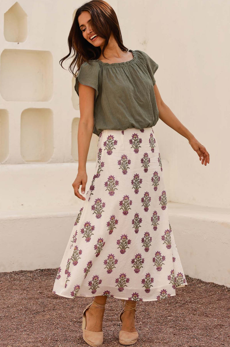 Neve Organic Cotton Block Print Skirt | Antique Wildflower Cream/Red/Green