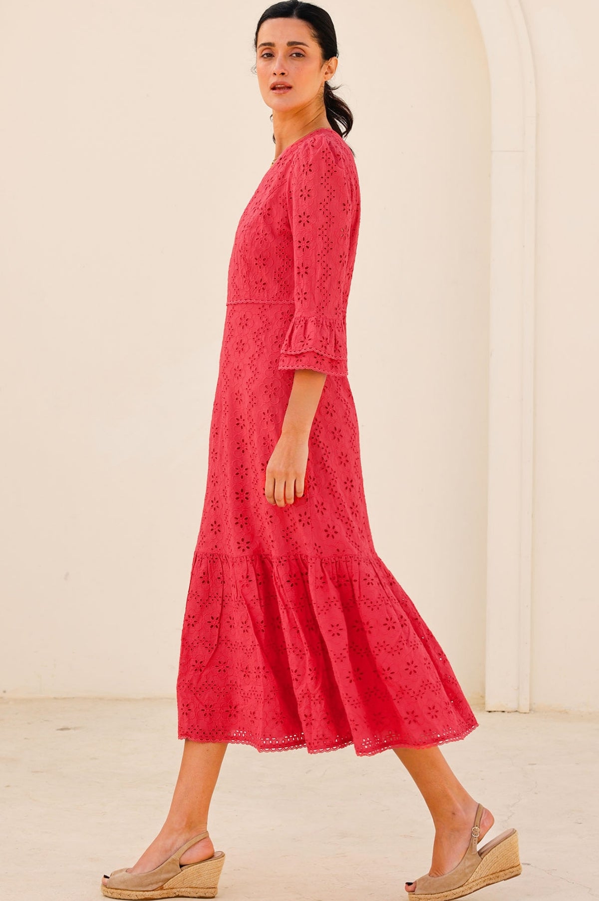 Aspiga Womens Ethical Victoria Broderie V-Neck Cotton Summer Wedding Guest  Evening Dress Red