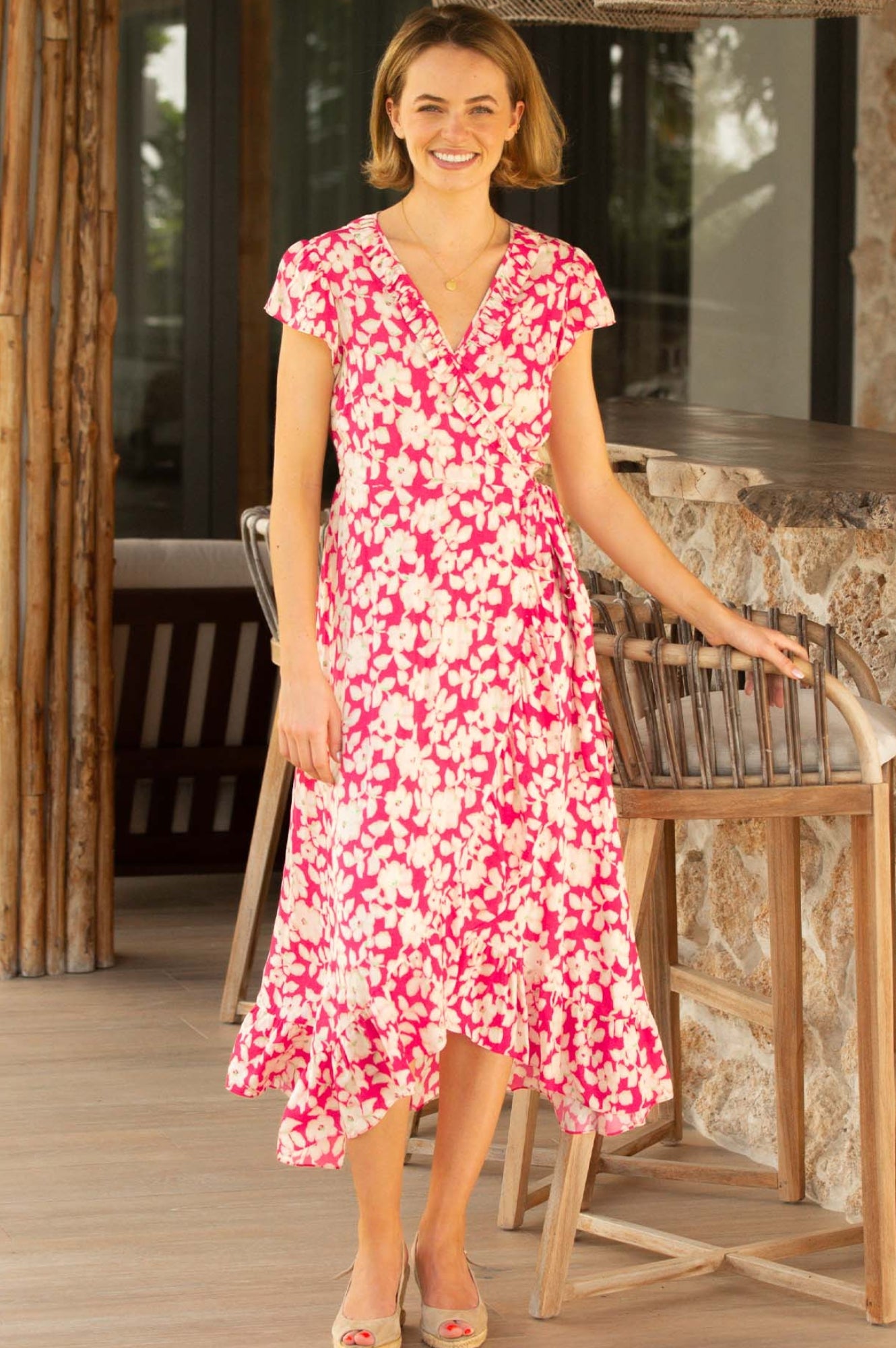 Aspiga Chelsea Leaf Print Frill Edge Short Tie Wrap Dress Clematis Vines Pink