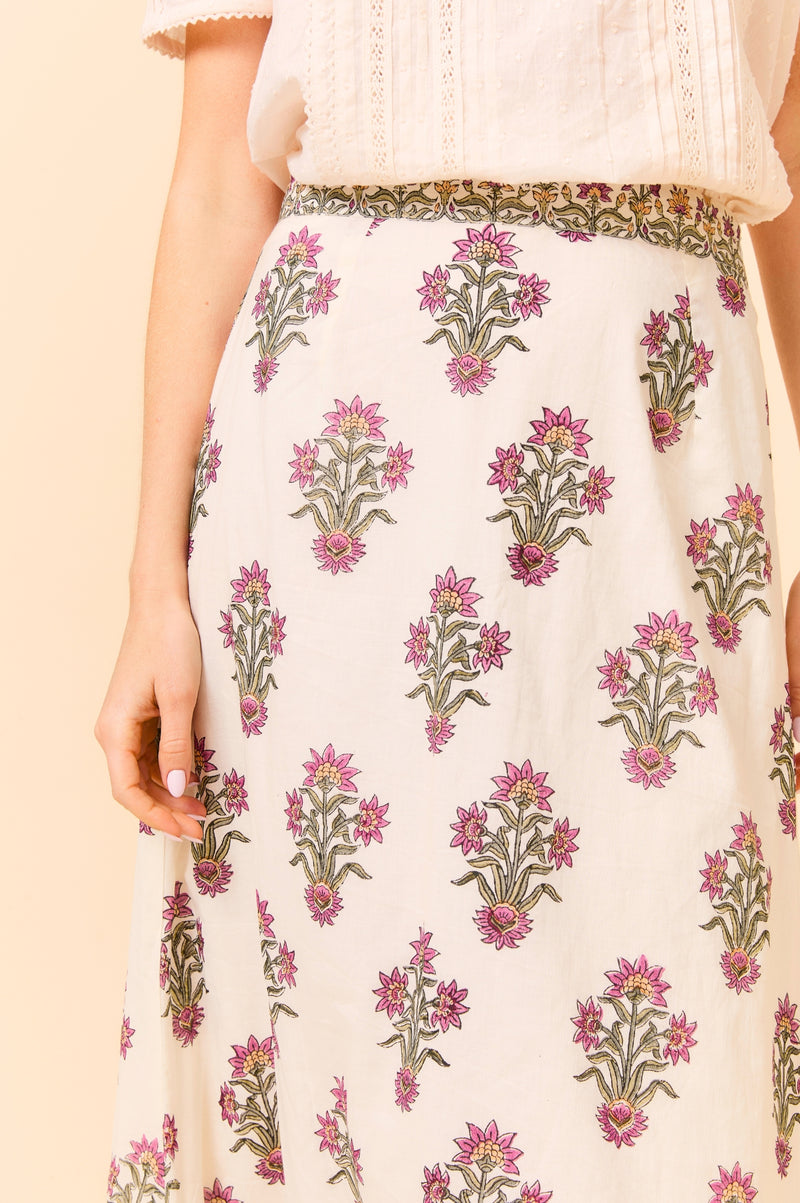 Neve Organic Cotton Block Print Skirt | Antique Wildflower Cream/Red/Green