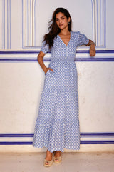 Billie Short Sleeve Organic Cotton Dress | Flower Stamp Cornflower/White