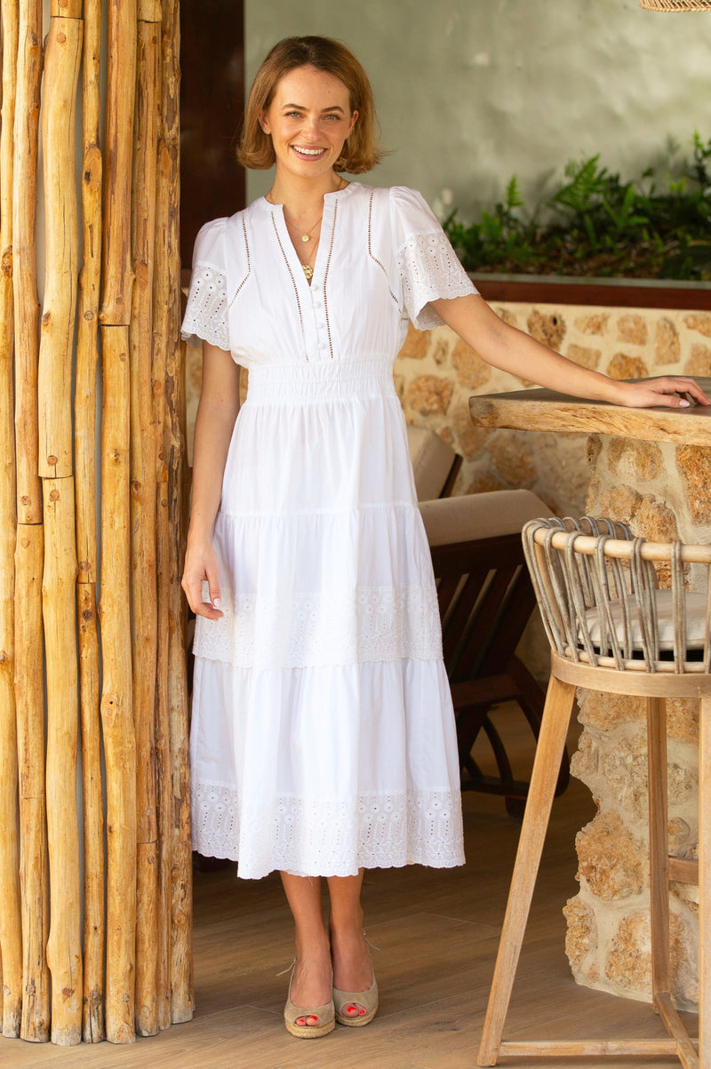 Eugena Dress in White Broderie Cotton