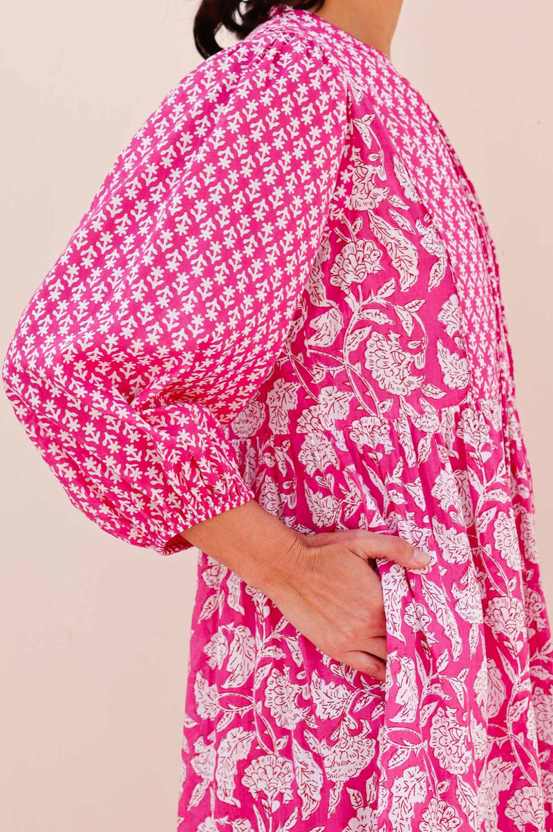 Martha Organic Cotton Mix Print Dress | Dianthus Print Pink/White