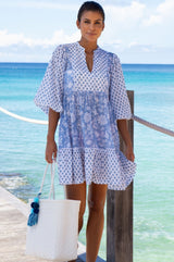 Marina Organic Cotton Print Mix Dress | Blossom Print Blue/White