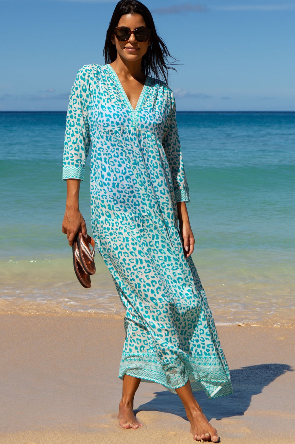 Mykonos Organic Cotton Maxi Beach Dress Soft Cheetah White Turquoise