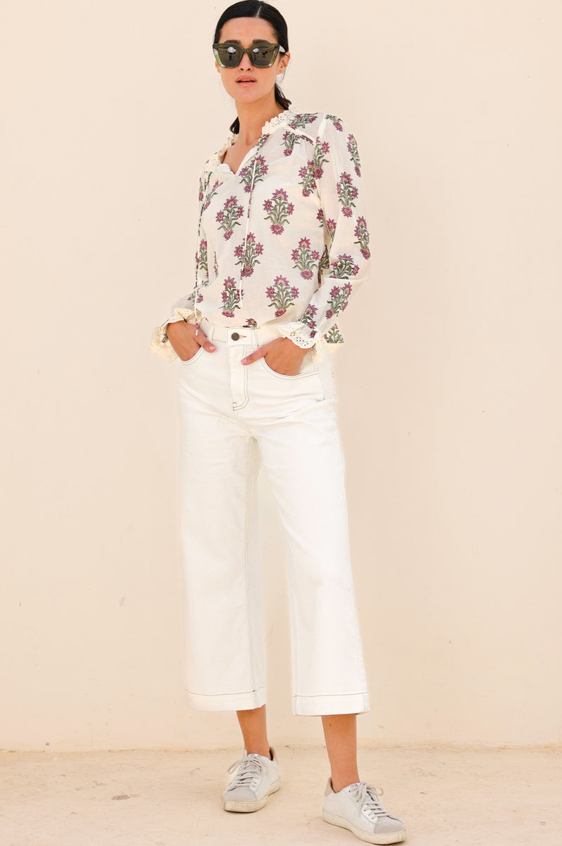 Rosie Organic Cotton Block Print Blouse | Antique Wildflower Cream/Red/Green