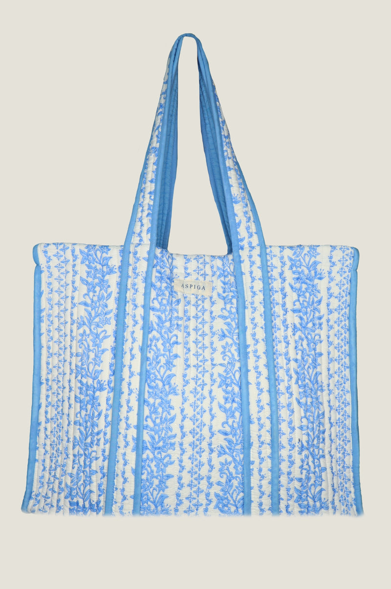 Quilted Block Print Tote Bag Lily Line Print Blue Aspiga