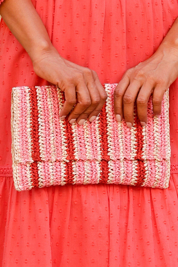 Amalfi Raffia Stripe Clutch | Red/Pink/Natural