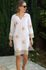 Guadalupe Short Organic Cotton Tunic | Starfish White/Gold