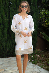 Guadalupe Short Organic Cotton Tunic | Starfish White/Gold
