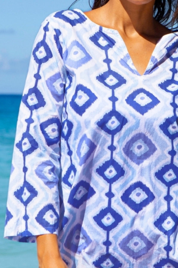 Guadalupe Short Tunic | Diamond Ikat Blue/White