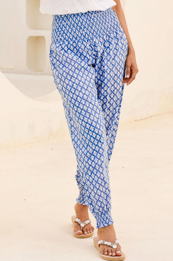 Harem Organic Cotton Trousers | Flower Stamp Cornflower/White