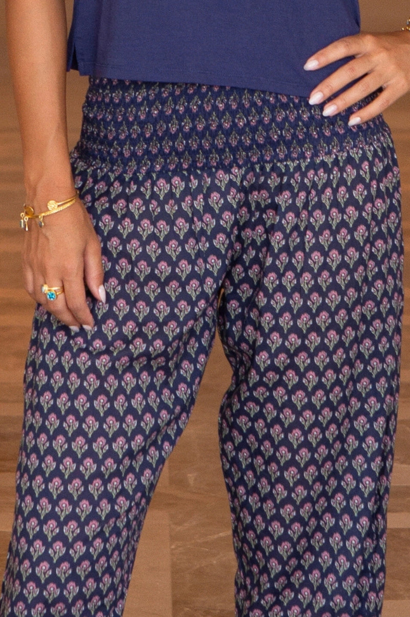 Harem Organic Cotton Trousers | Primrose Stamp Navy/Pink