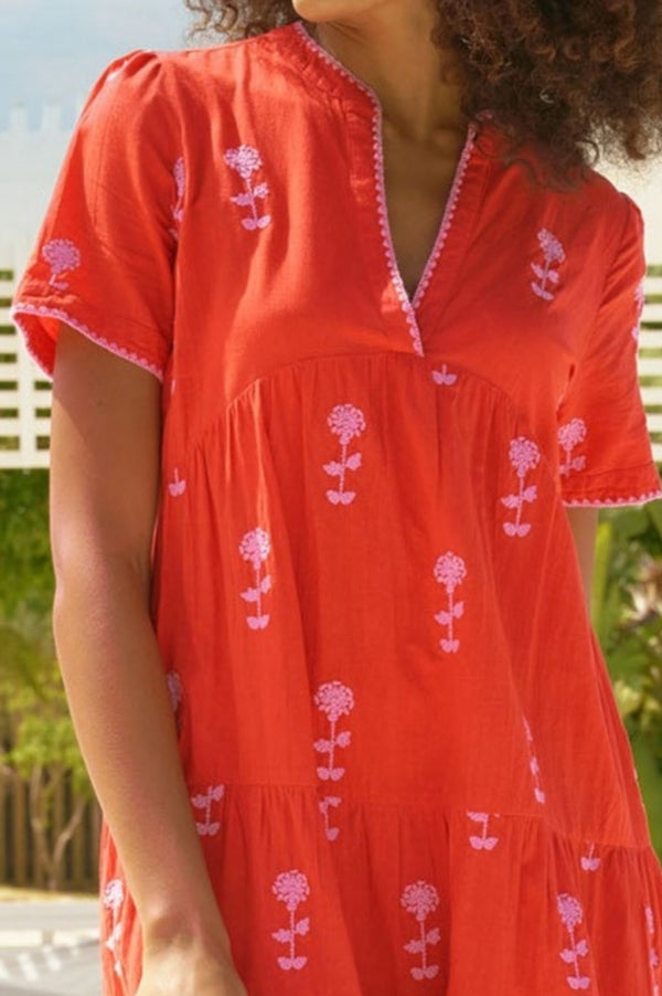 India Embroidered Dress | Red/Pink
