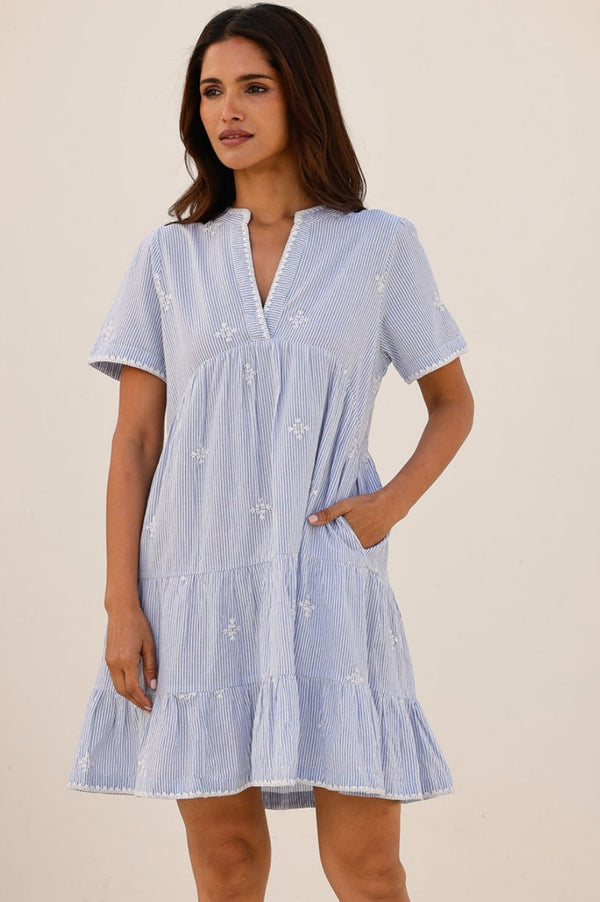 India Embroidered Organic Cotton Dress | Stripe Blue/White