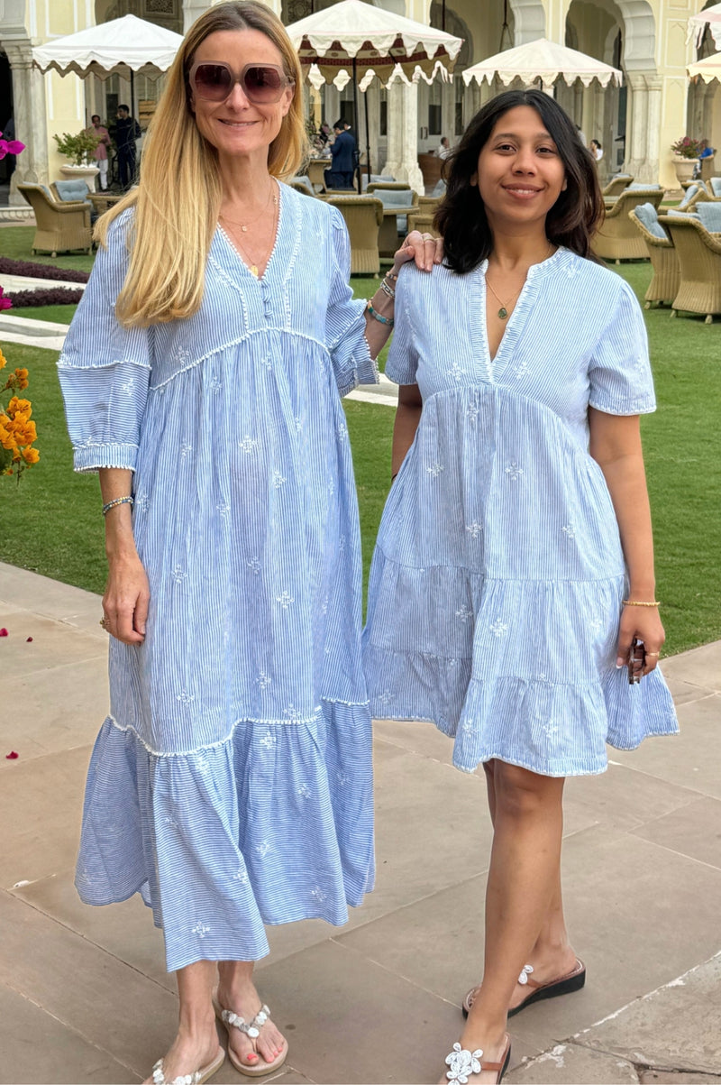 India Embroidered Organic Cotton Dress | Stripe Blue/White