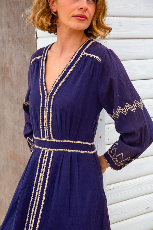Jamila Embroidered Dress | Navy/Gold