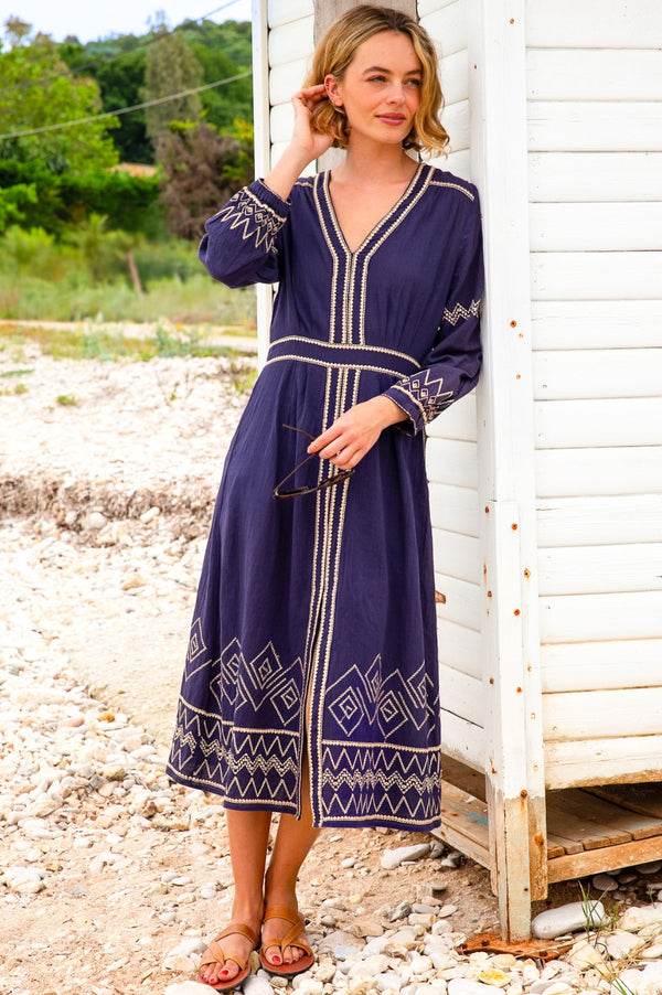 Jamila Embroidered Dress | Navy/Gold