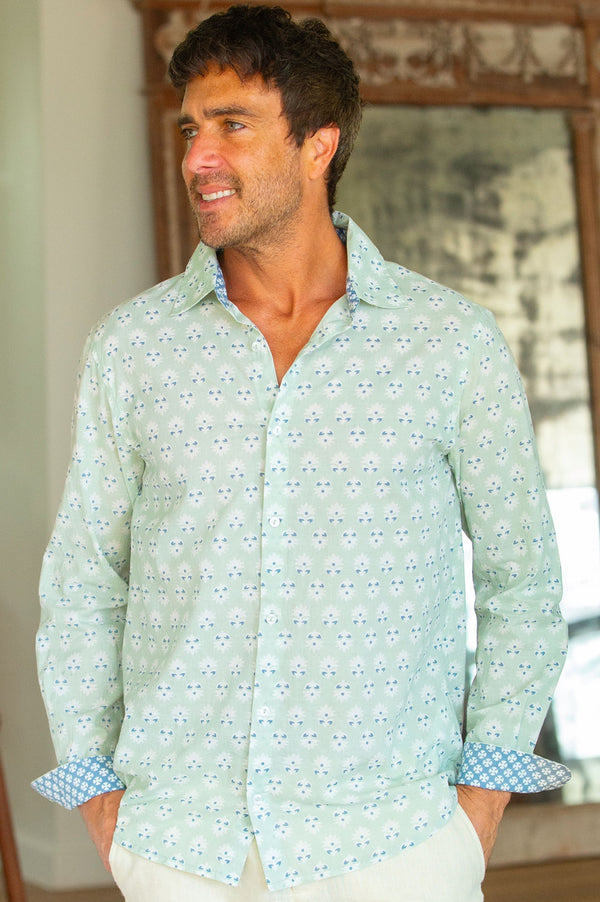 Men's Organic Cotton Shirt | Mini Sunflower Grey/Mint