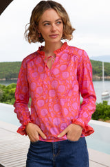Rosie Organic Cotton Block Print Blouse | Lotus Red/Pink