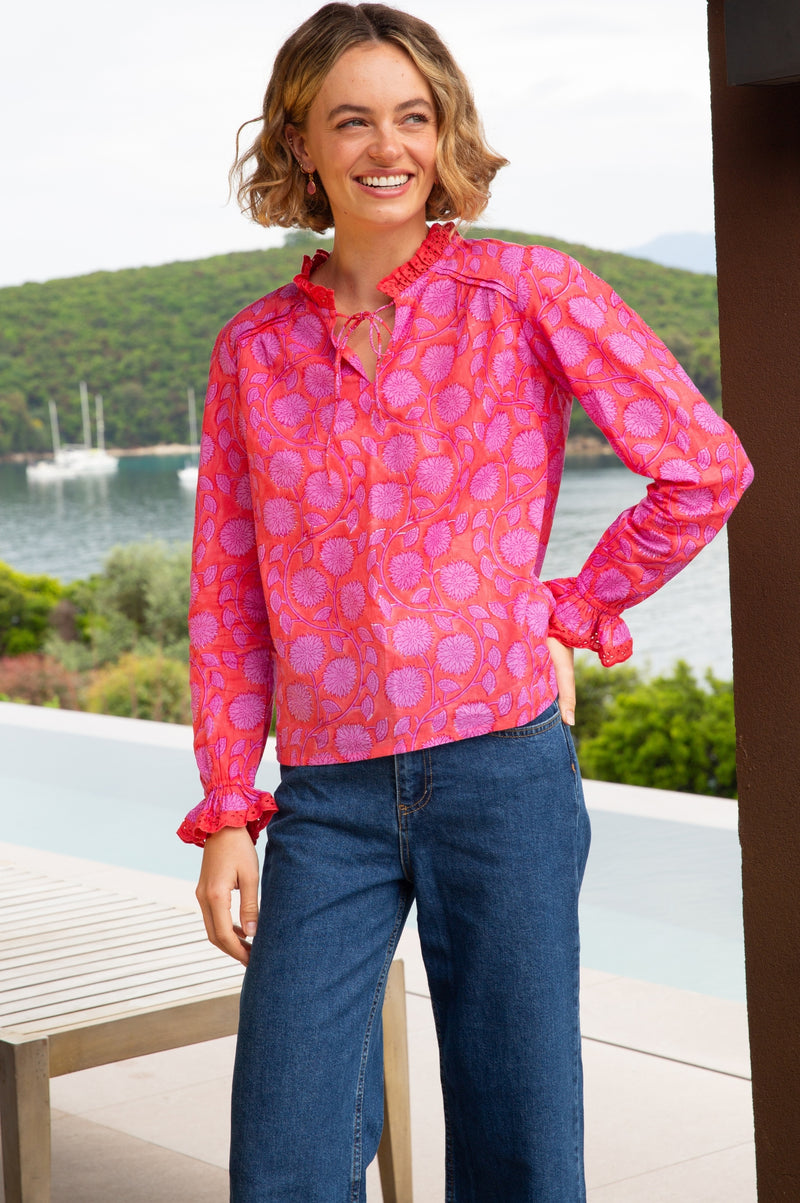 Rosie Organic Cotton Block Print Blouse | Lotus Red/Pink