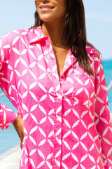 Saffron Organic Cotton Beach Shirt | Shibori Pink/White