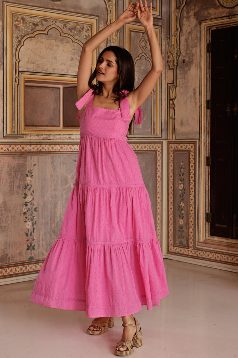 Tabitha Organic Cotton Dobby Dress | Bright Pink