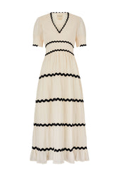 Viola Short Sleeve Organic Cotton Ric Rac Dress | Antique Cream/Black