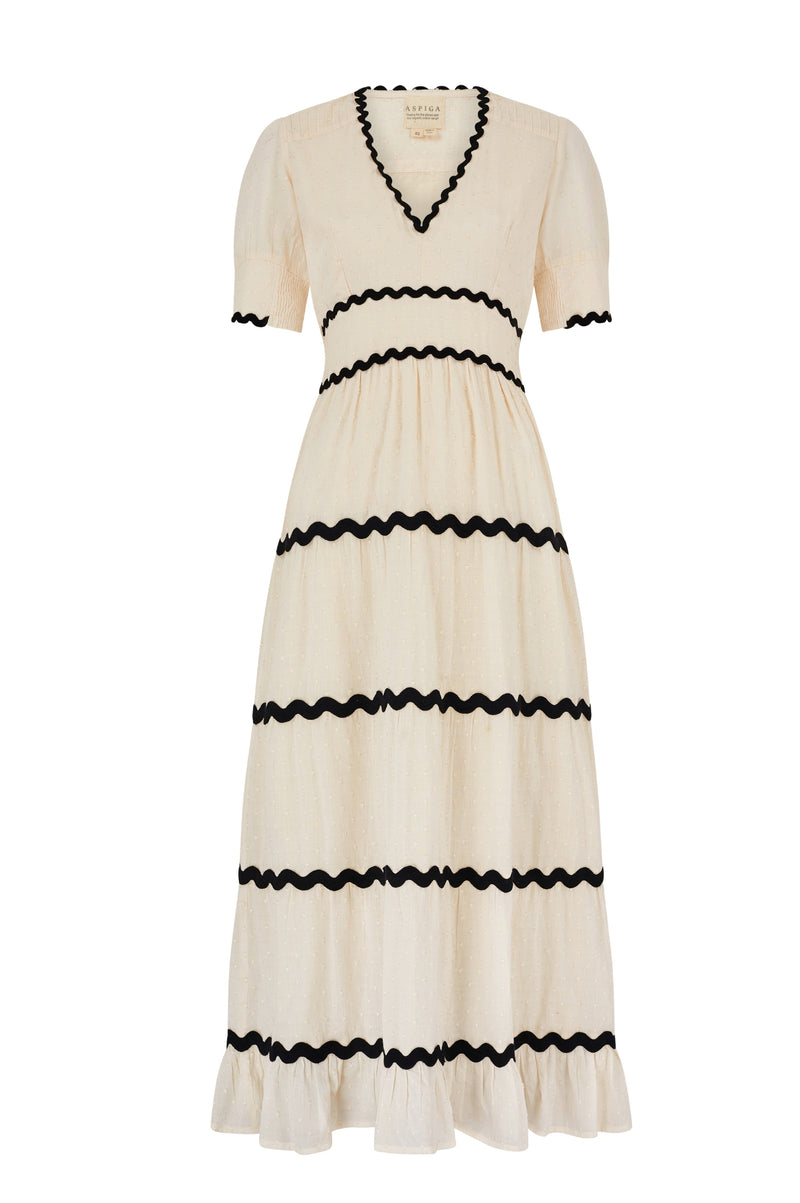 Viola Short Sleeve Organic Cotton Ric Rac Dress | Antique Cream/Black