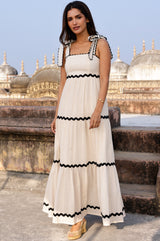 Tabitha Organic Cotton Dobby Ric Rac Dress | Antique Cream/Black