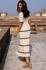 Viola Short Sleeve Organic Cotton Ric Rac Dress | Antique Cream/Black