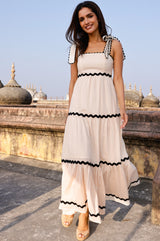 Tabitha Organic Cotton Dobby Ric Rac Dress | Antique Cream/Black