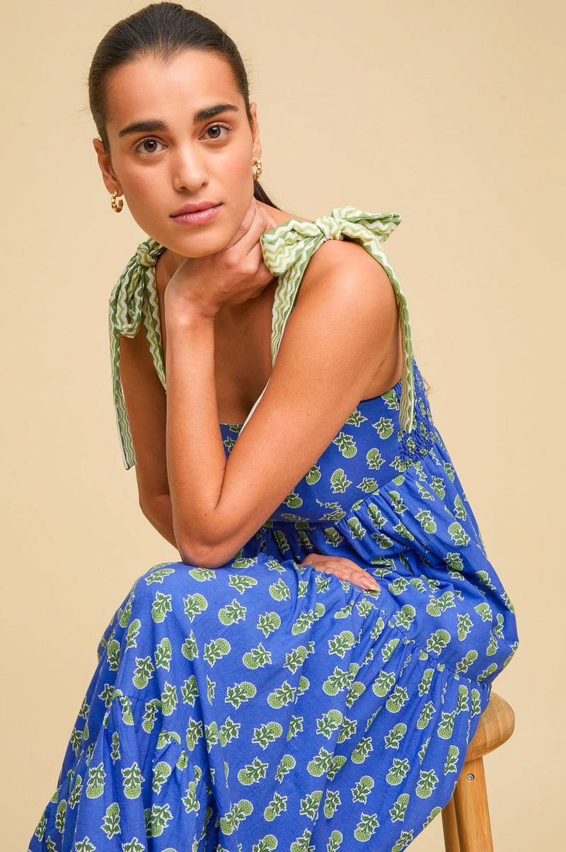 Tabitha Printed Organic Cotton Dress | Odisha Print Blue/Green
