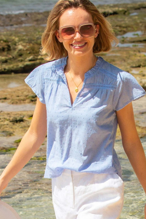 Vanya Organic Cotton Dobby Blouse | Baby Blue