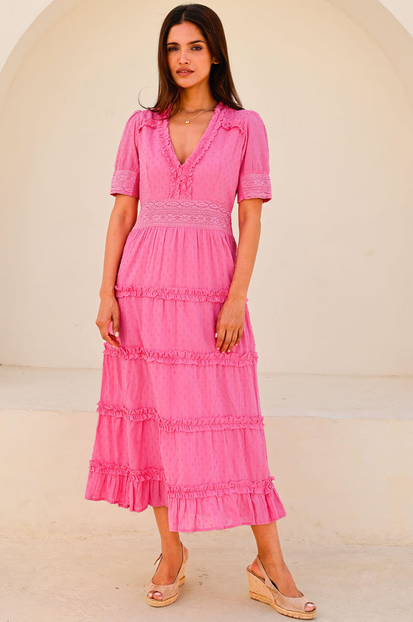 Viola Short Sleeve Organic Cotton Dobby Dress | Bright Pink