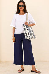 Wide Leg Linen Cropped Trousers | Navy