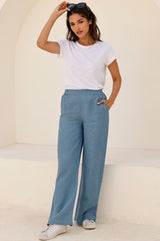 Wide Leg Linen Trousers | Blue/Grey