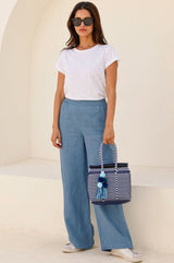 Wide Leg Linen Trousers | Blue/Grey