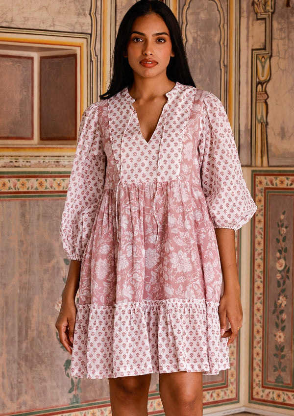 Marina Organic Cotton Print Mix Dress | Blossom Print Dusty Pink/White